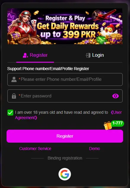 786ace Game Registration Screenshot