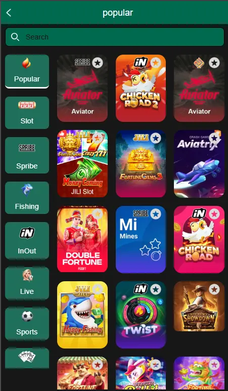 99EF Game App dashboard showing available games