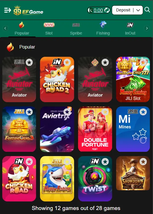 99EF Game Mobile app dashboard
