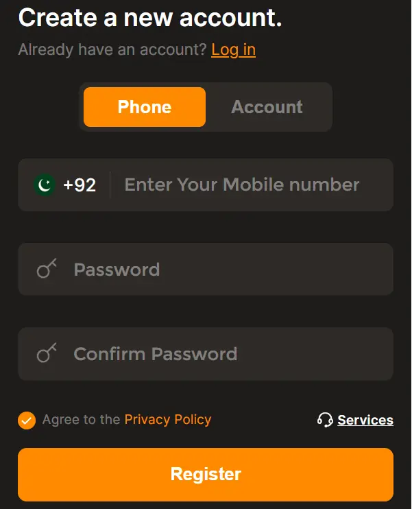 LG789 Game Account setup screenshot