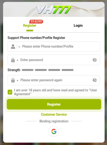VH777 Game Registration page